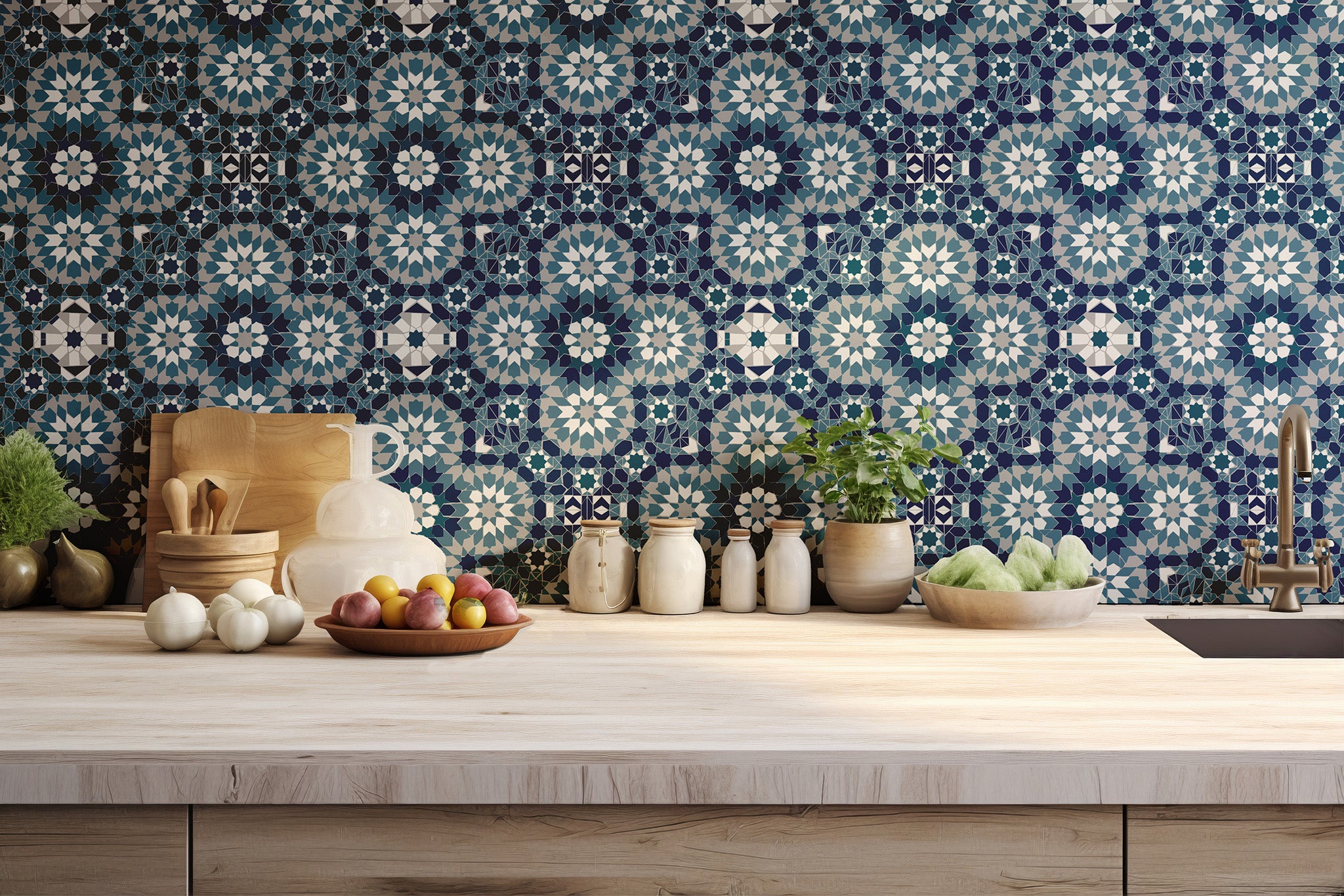 Kitchen with a decorative tile backsplash featuring geometric patterns.